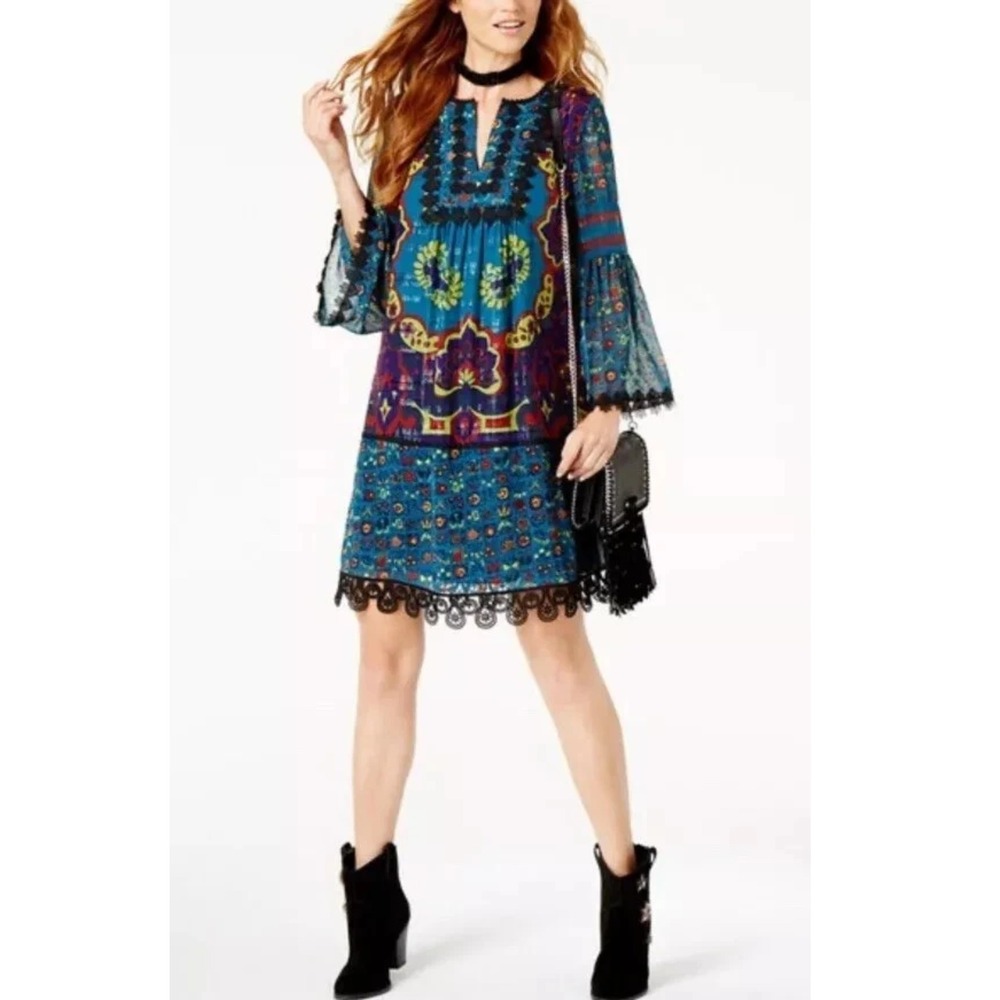 Anna‎ Sui Teal Blue Boho Floral Crochet Lace Bell Sleeve Dress S Silk Details